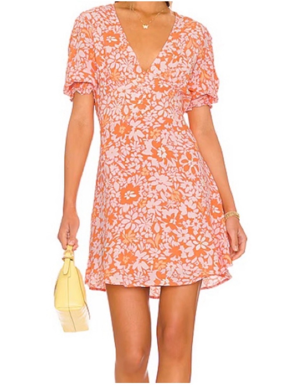MINKPINK Coral Pink Floral V-Neck Mini Dress